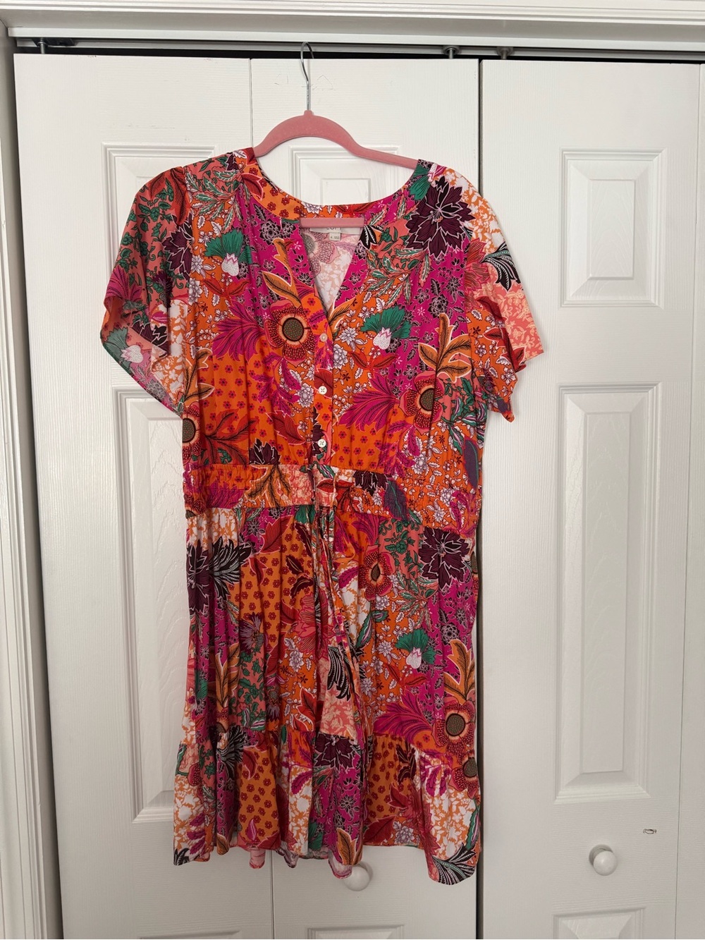 LOFT Vibrant Floral Button-Front Mini Dress in Orange and Pink